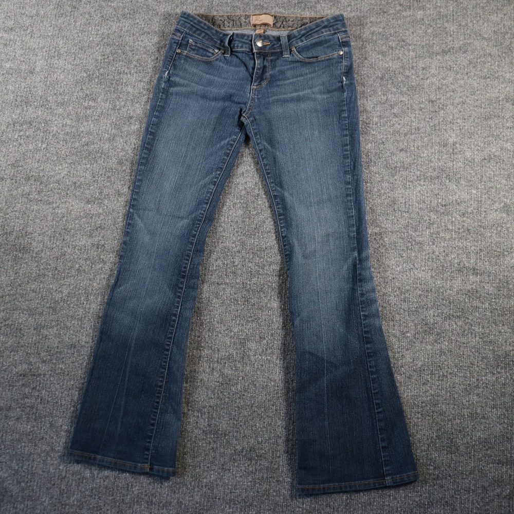 Paige Bootcut Jeans Flare Low Rise Dark Womans Size 28 Blue Whisker Fade Stretch